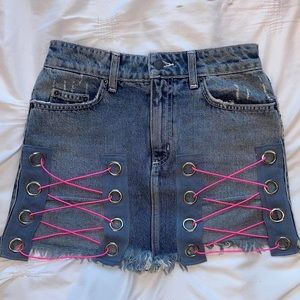 LF CARMAR denim cutout mini skirt, with neon pink lace up & silver hardware.